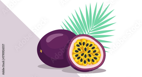 Vibrant Illustration of Passion Fruit and Lush Green Leaf Showing Delicious Interior