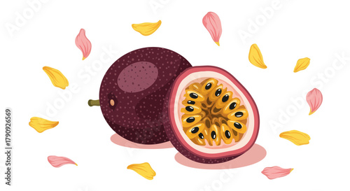 Vibrant Illustration of Passion Fruit and Floral Accents on a Clean White Backdrop