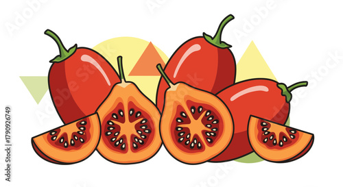 Vibrant Illustrated Tamarillo Artwork Depicting Fresh Fruit, Ideal For Design Needs
