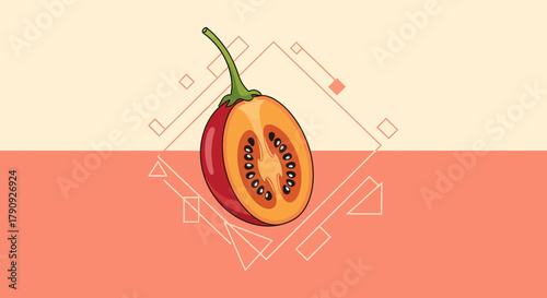 Vibrant Illustrated Tamarillo Half with Artistic Geometric Elements In Background