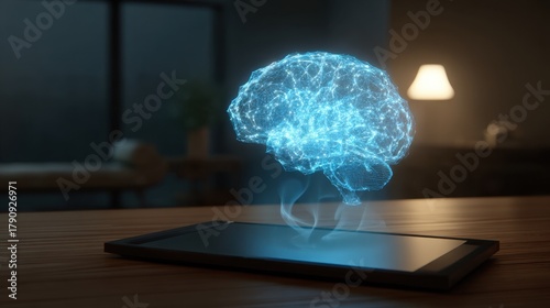 A glowing holographic brain hovers above a tablet on a wooden table in a cozy living room. Soft light from a lamp creates a warm atmosphere in the space.