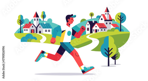 Vibrant Runner Exploring Picturesque Landscapes In An Energetic and Colorful Illustration