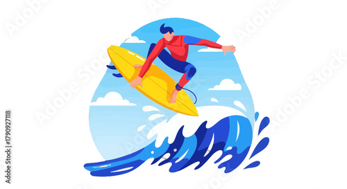 Vibrant Surfer Soars High Above Blue Ocean Waves with Dynamic Composition Artwork