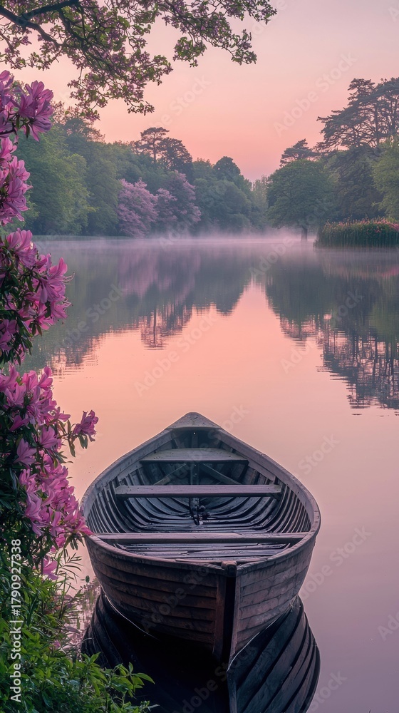 Fototapeta premium Boat on calm lake with pink flowers and trees reflecting in water. Mist is visible on the lake. AI.