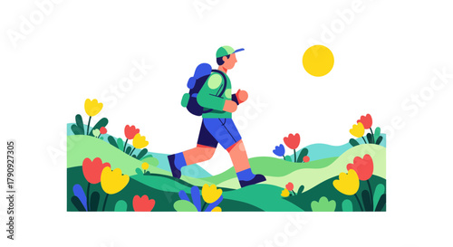 Vibrant Illustration Of A Hiker Trekking Through A Scenic Nature Landscape