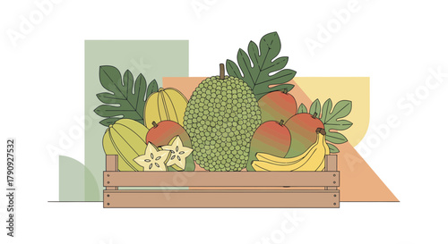 Vibrant Tropical Fruits in a Wooden Crate, Colorful and Delicious Still Life