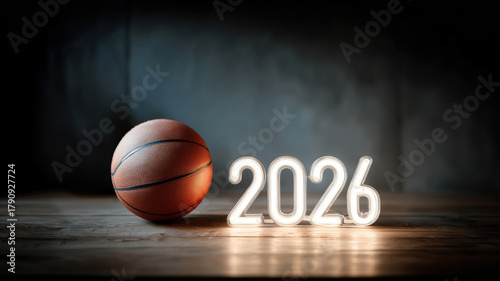 Basketball lies next to glowing «2026» numerals on dark wooden surface. Futuristic sports concept, dramatic lighting, moody atmosphere.