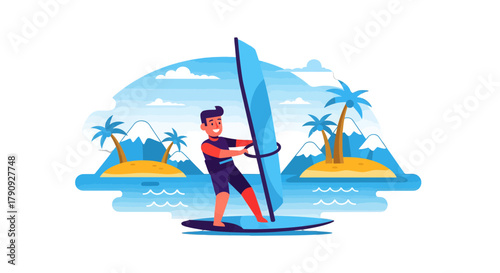 Vibrant Windsurfer Enjoying Watersport Activities on Tropical Paradise Island, Vector Illustration