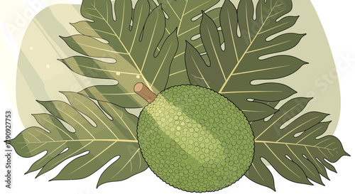 Vibrant Illustration of Breadfruit Overlaid by Lush Foliage Showcasing Botanical Beauty