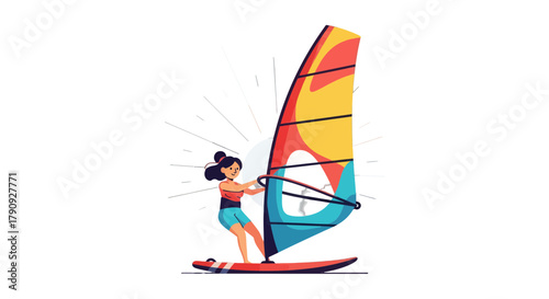 Vibrant Windsurfer Silhouetted Against Black Backdrop with Bursting Sun Graphic