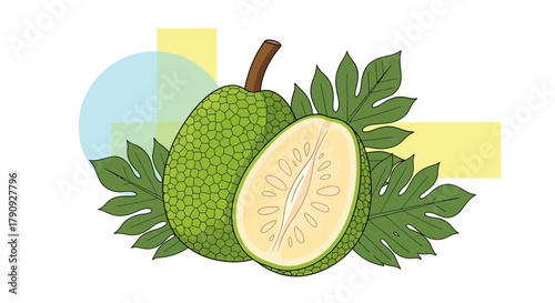 Vibrant Illustration of Breadfruit with Lush Leaves and a Colorful Artistic Background