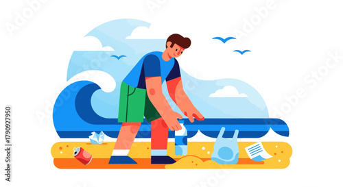 Volunteer Cleaning Beach: A Dedicated Individual Removing Trash and Promoting Coastal Cleanliness