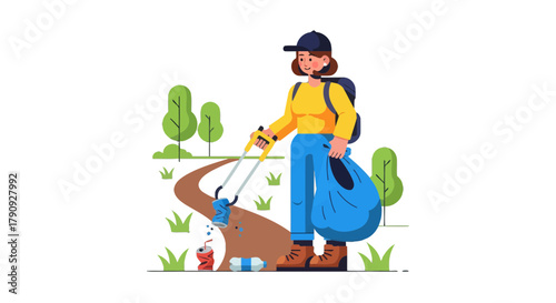 Volunteer Woman Collects Waste to Help the Environment and Keep the Earth Clean