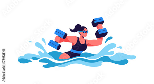 Water Aerobics: Athletic Woman Exercising With Weights in Aquatic Environment