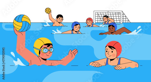 Water Polo Players Enjoying a Fun Game in the Pool Depicted in Vibrant, Playful Style