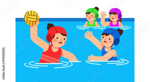 Water Polo Players Playing a Sport in a Swimming Pool Cartoon Vector Illustration