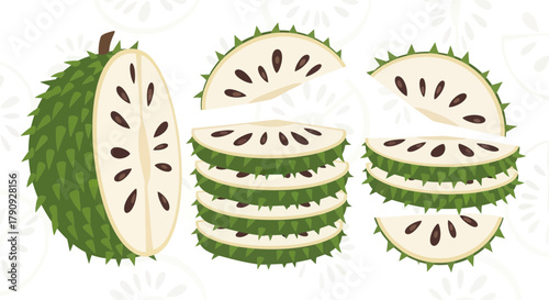 Vibrant Illustration Of Exotic Soursop Fruit Slices And Whole Piece On White Background