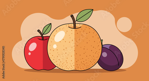 Vibrant Illustration of Fresh Fruits: Apple, Asian Pear, And Plum on a Warm Orange Background