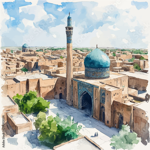 Khiva Itchan Kala, watercolor illustration vector, isolated on a white background.