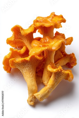 Fresh golden chanterelle mushrooms on white background
