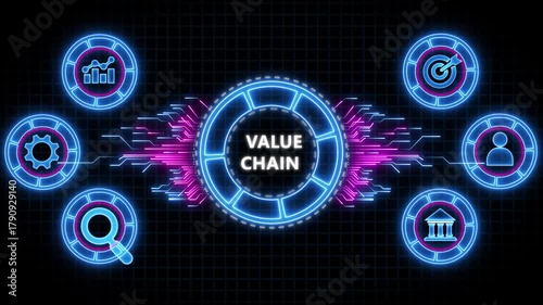 Value chain, business concept. Digital animation glowing blue circuit lines, technology, data flow.
