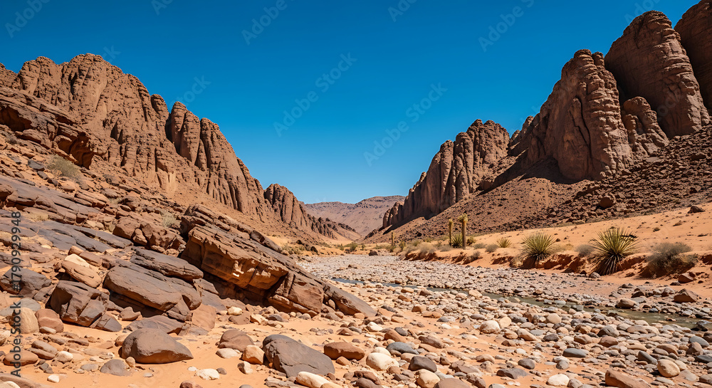 Fototapeta premium Arid canyon landscape with sandstone cliffs and rocky riverbed under a clear blue sky day view ai generated