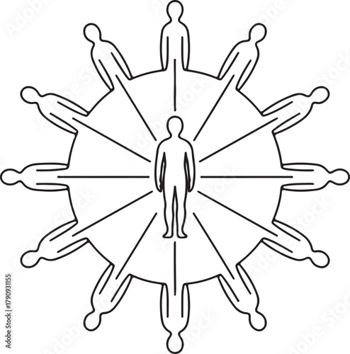 Central figure surrounded by radiating figures in a circular pattern people human vector illustration EPS file download.

