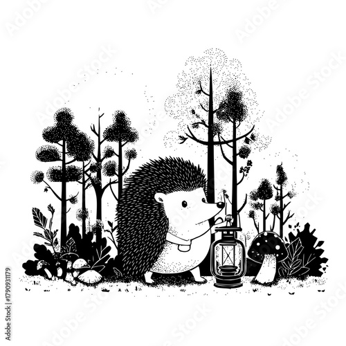 A monochrome illustration of a hedgehog with a lantern in a forest with mushrooms and trees