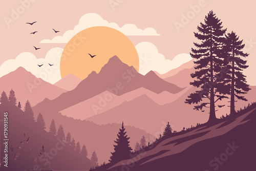 Sunset over mountains — golden sun, pink-orange sky, layered silhouettes, soft gradient vector banner.