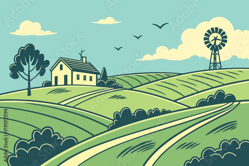Countryside landscape — rolling green fields, farmhouse, windmill, bright blue sky, clean flat design vector.