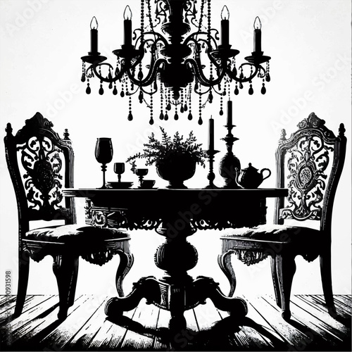 Black and white illustration of antique Baroque furniture in the living room, consisting of a table with a set, carved chairs and a gorgeous chandelier. Vector graphics. EPS.