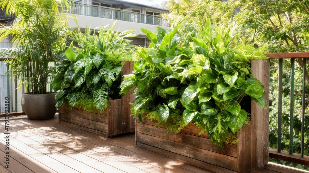 Obraz premium Two large wooden planters filled with vibrant green plants sit on the wooden deck of a sunny balcony. The scene is peaceful, surrounded by greenery and modern architecture.