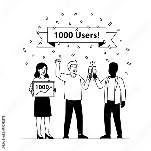 A successful diverse business team celebrates reaching one thousand users with a festive champagne toast and falling confetti