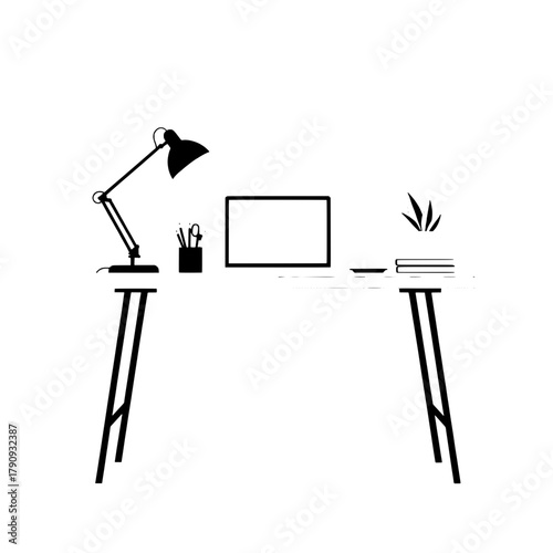 Minimalist modern workspace desk arranged for focused work in a clean uncluttered productive environment digital vector illustration with screen and lamp