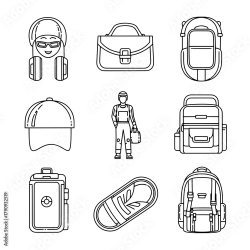 Travel adventure equipment essential gear items displayed in a curated collection of various journey accessories for outdoor and urban exploration