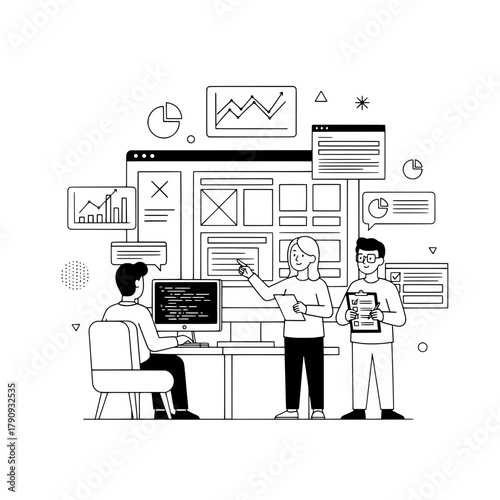 Three engaged professionals developing software and analyzing data in a modern digital workspace featuring web interfaces and business analytics illustrating efficient teamwork