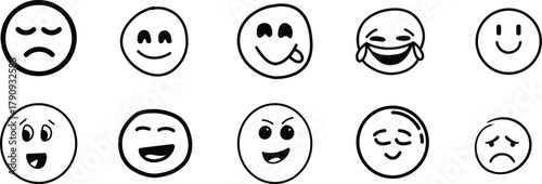 emoji face  Emoticon features emoji faces in   smile, happy, sad, angry, and surprised expressions color, simple line smiley face vector illustration. Doodle Emoji face icon set. Hand drawn sketch sty
