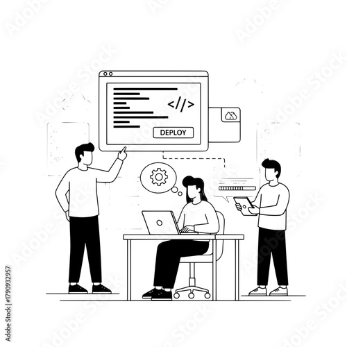 Professional development team collaborates on code deployment and project management within a modern digital workspace