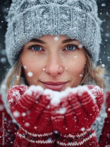 winter holidays christmas and people concept  close up of woman holding snow outdoors no logos no brands ar 34