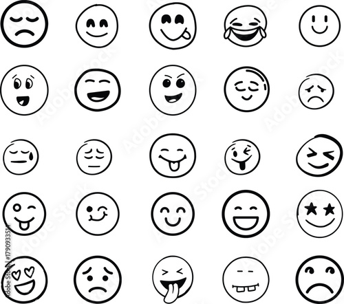 emoji face  Emoticon features emoji faces in   smile, happy, sad, angry, and surprised expressions color, simple line smiley face vector illustration. Doodle Emoji face icon set. Hand drawn sketch sty