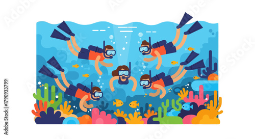 Underwater Exploration: Divers Exploring Vibrant Coral Reefs And Marine Life Together