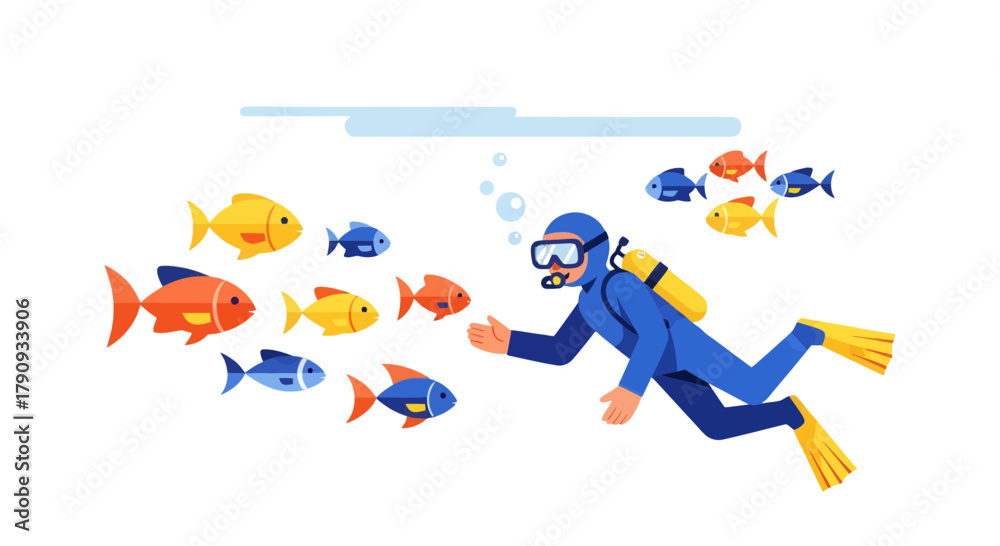 Obraz premium Underwater Exploration With A Diver And A Colorful School Of Fish In The Deep Ocean