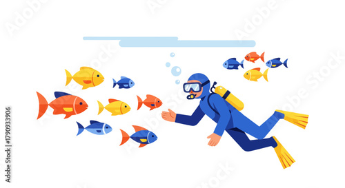 Underwater Exploration With A Diver And A Colorful School Of Fish In The Deep Ocean