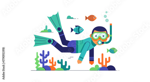 Underwater Exploration With A Diver, Fish, Water Plants and Diverse Underwater Life