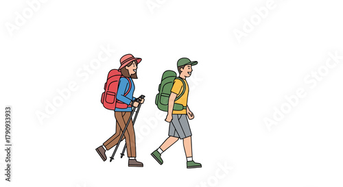 Two Happy Hikers Traverse a Trail in a Blissful Expedition Depicted in a Vibrant Illustration