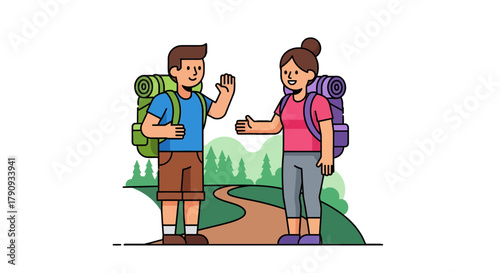 Two Happy Hikers Greeting Each Other on a Forest Trail for a Great Adventure
