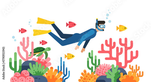 Underwater Exploration With A Scuba Diver And Animated Marine Creatures