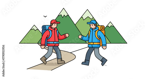 Two Hikers Adventure Together Through The Mountains Journeying During Expedition