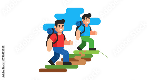 Two Hikers Ascending A Mountain Trail Depicted In Stylized Vibrant Illustration