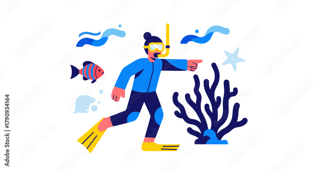 Fototapeta premium Underwater Explorer: Deep Sea Diving Adventure, Discovering Marine Life, Vivid Illustration